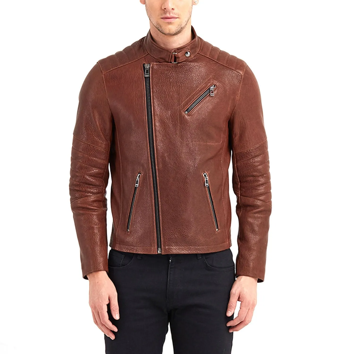 Newline Fashion Erie Biker Leather Jacket - Red/Brown