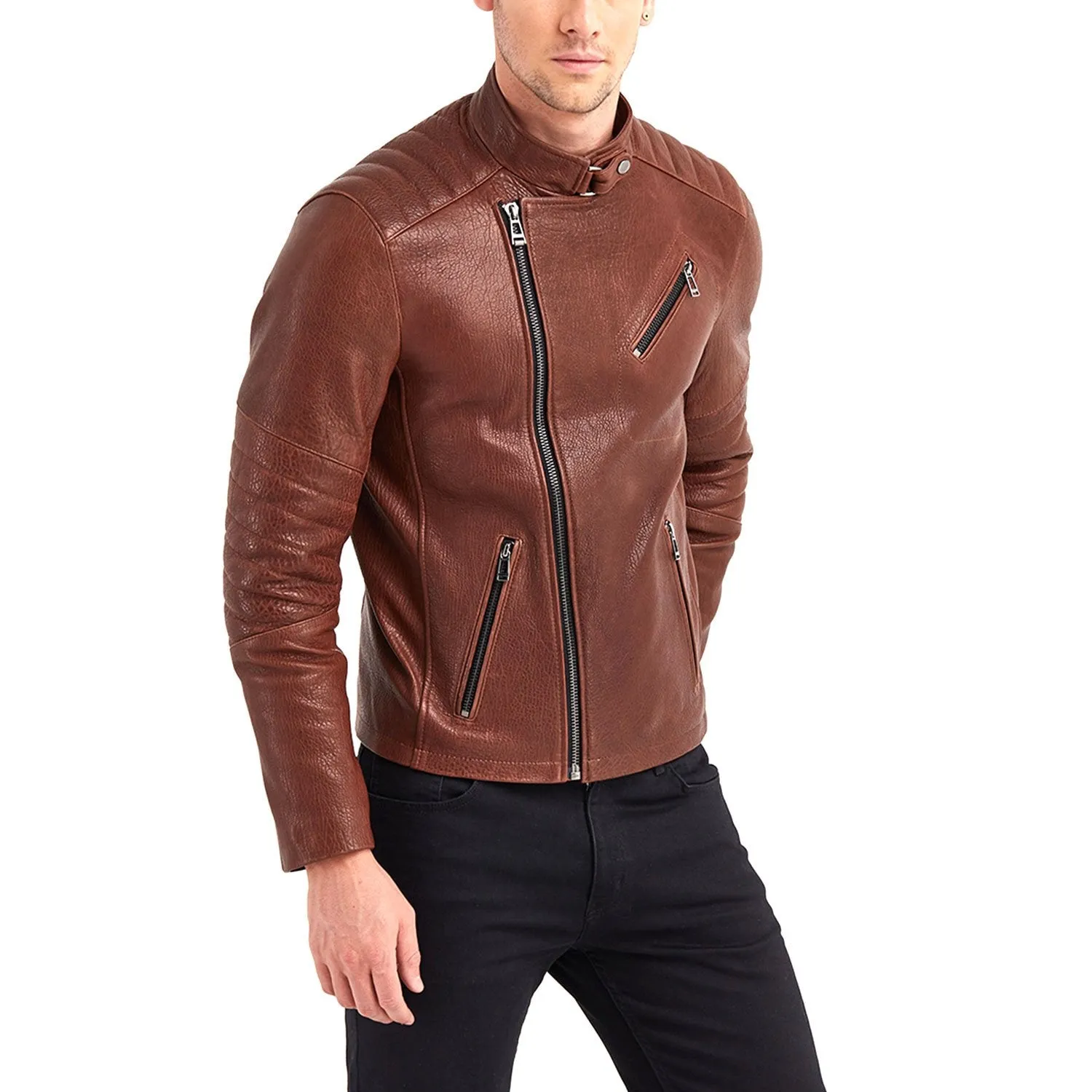 Newline Fashion Erie Biker Leather Jacket - Red/Brown