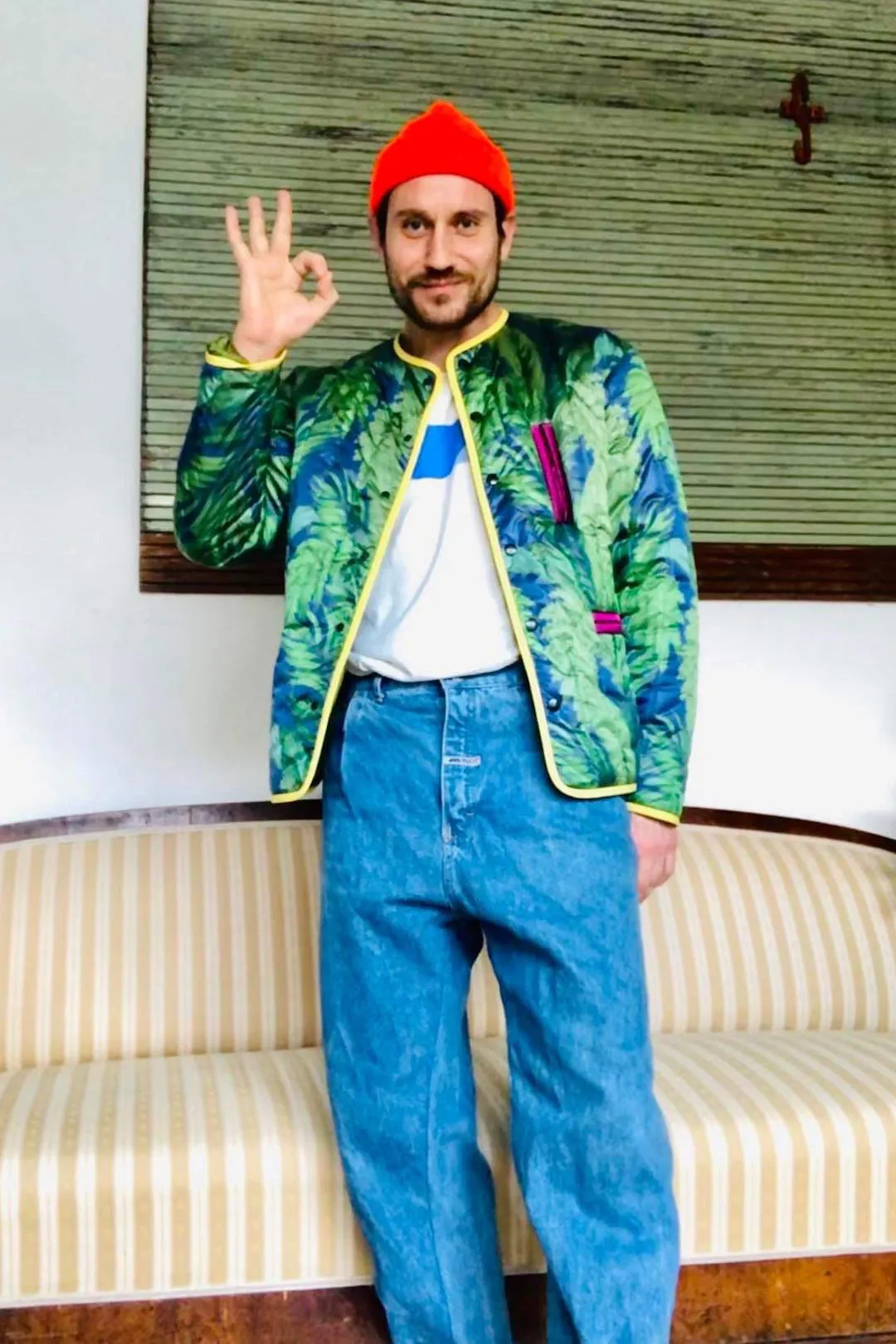 Quilted green floral print jacket