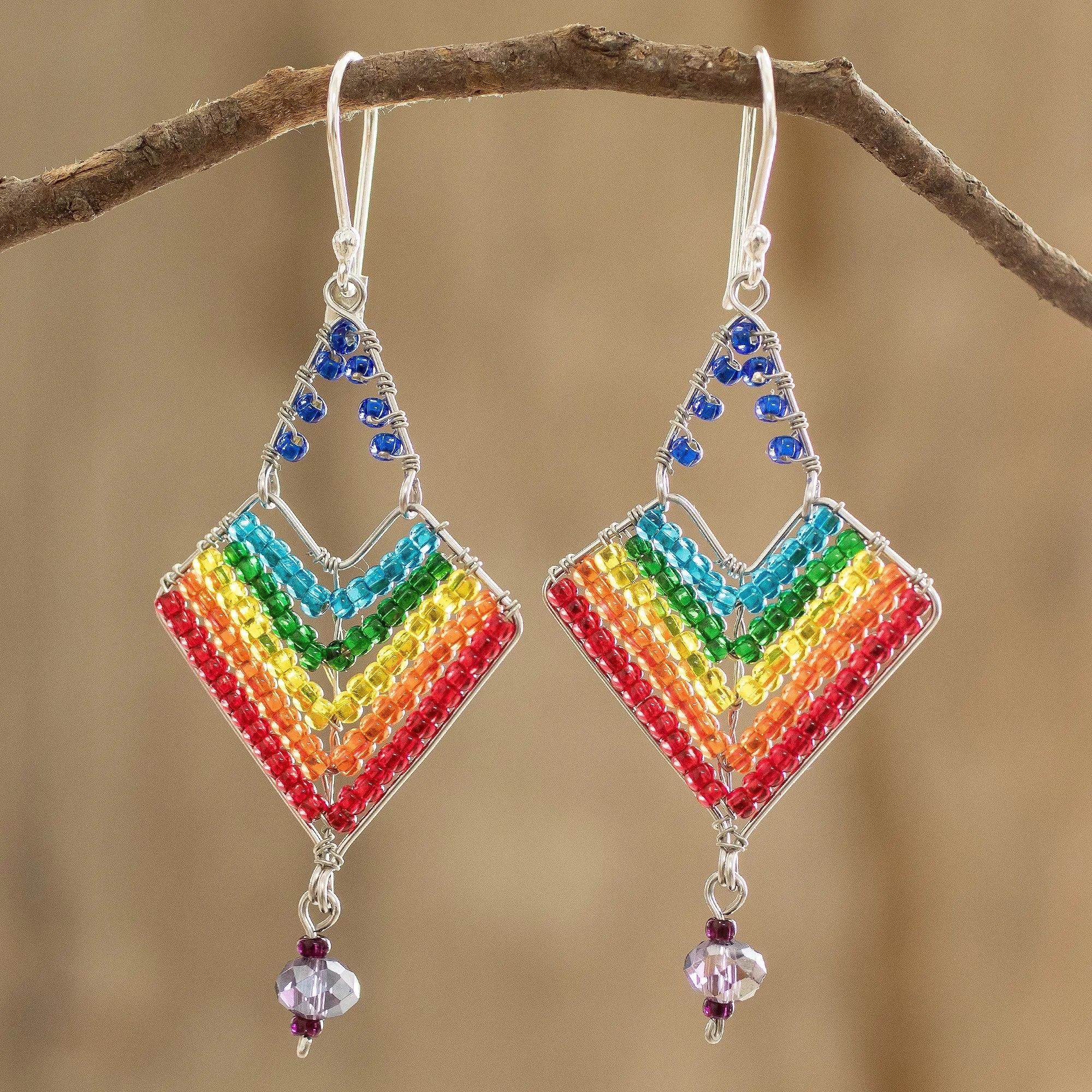 Rainbow Dangle Earrings With Beads and Sterling Silver Hooks - Rainbow Arrowhead | NOVICA