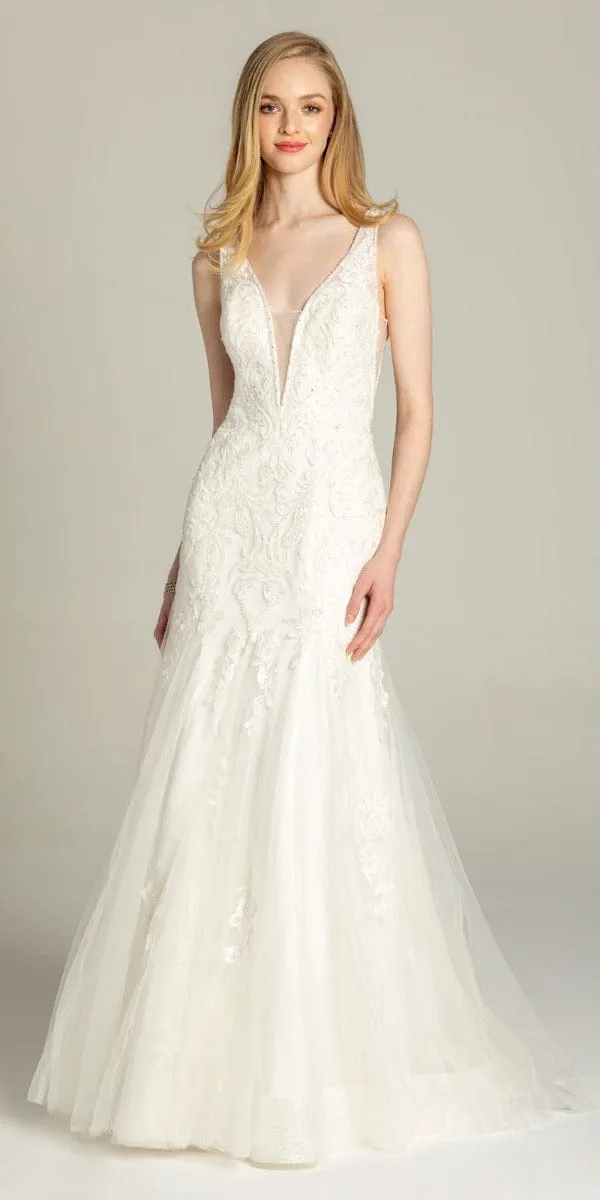 Rhinestone Studded Embroidered Plunging Glitter Trumpet Dress