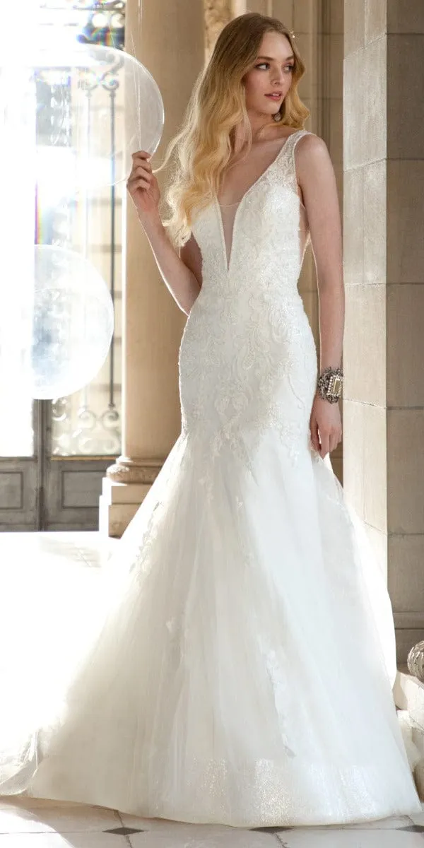 Rhinestone Studded Embroidered Plunging Glitter Trumpet Dress