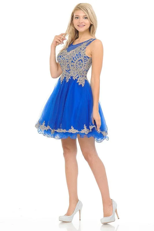 Royal Blue Sleeveless Stone Embroider Sheer Mesh Short Dress
