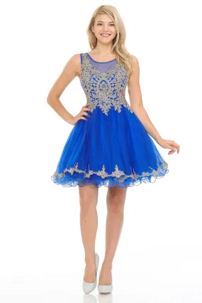 Royal Blue Sleeveless Stone Embroider Sheer Mesh Short Dress