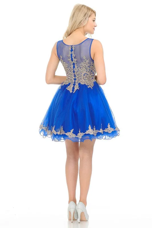 Royal Blue Sleeveless Stone Embroider Sheer Mesh Short Dress