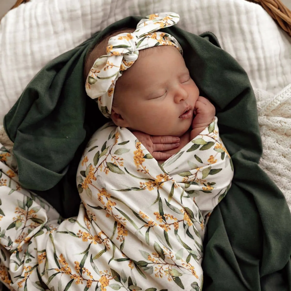 Snuggle Hunny Jersey Wrap with Matching Headwear - Golden Wattle Organic