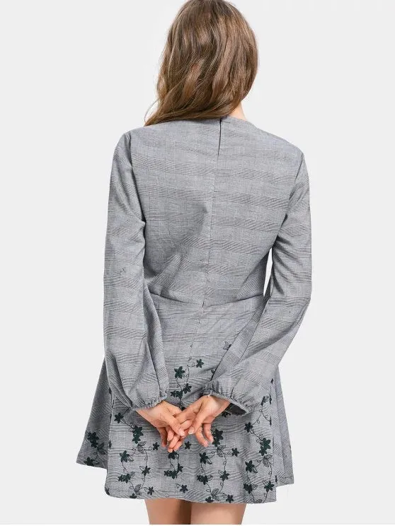 TastyHottie - Cute Checked Embroidered Long Sleeve Dress