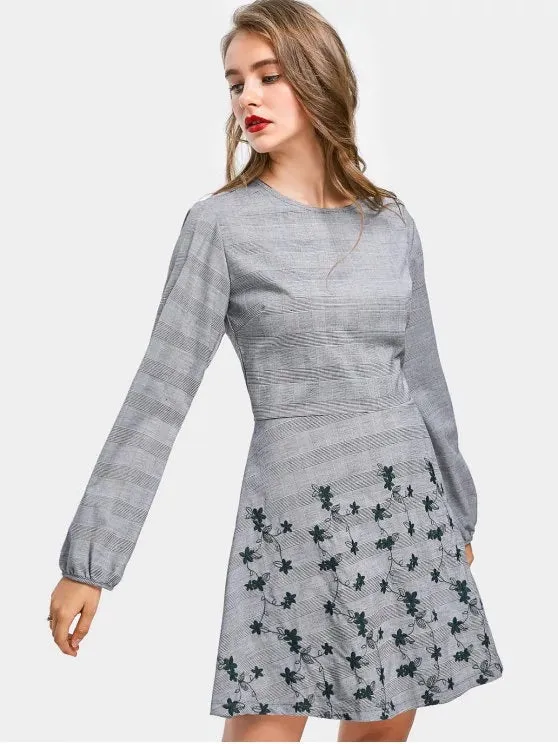 TastyHottie - Cute Checked Embroidered Long Sleeve Dress