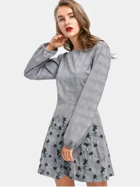 TastyHottie - Cute Checked Embroidered Long Sleeve Dress