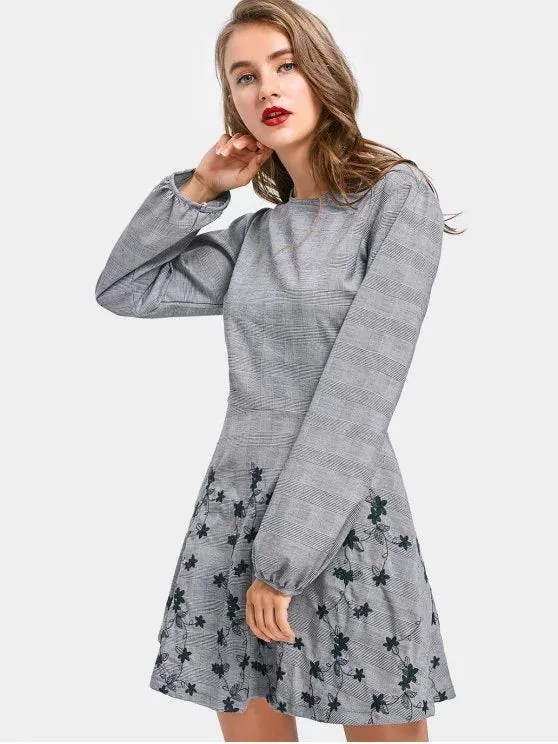 TastyHottie - Cute Checked Embroidered Long Sleeve Dress