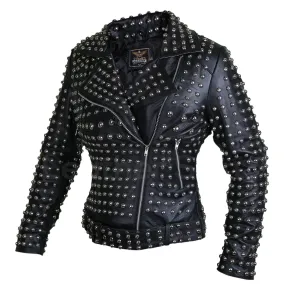 Women Black Brando Belted Round Cap Studded Leather Jacket