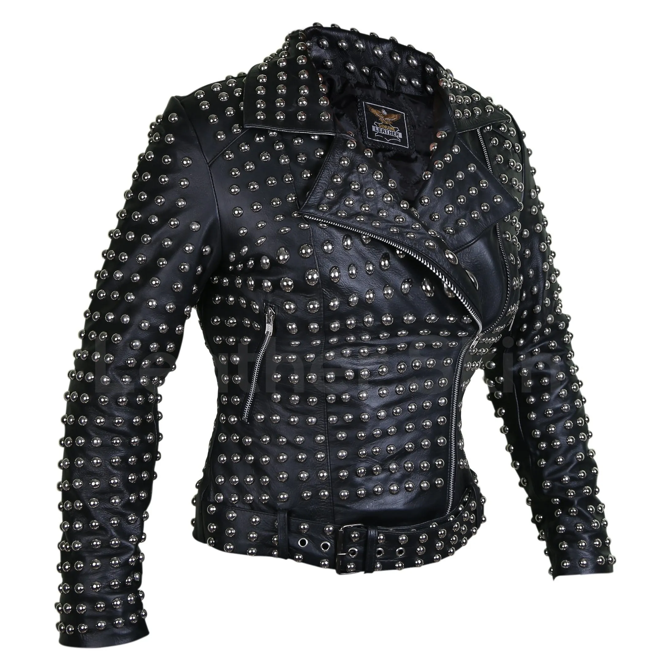 Women Black Brando Belted Round Cap Studded Leather Jacket