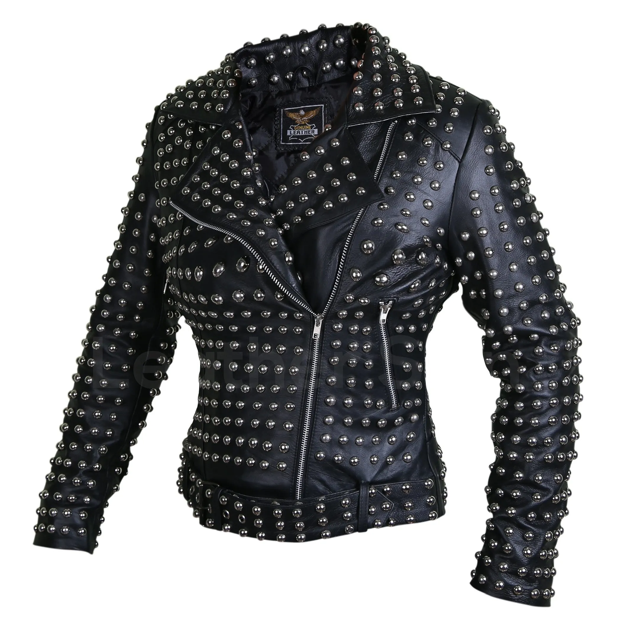 Women Black Brando Belted Round Cap Studded Leather Jacket