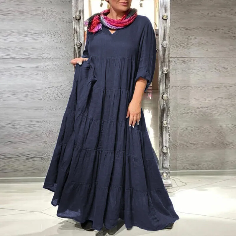 Women's Extra Long Dress Long Sleeve V-neck Layered A- Line Robe Loose Dress
