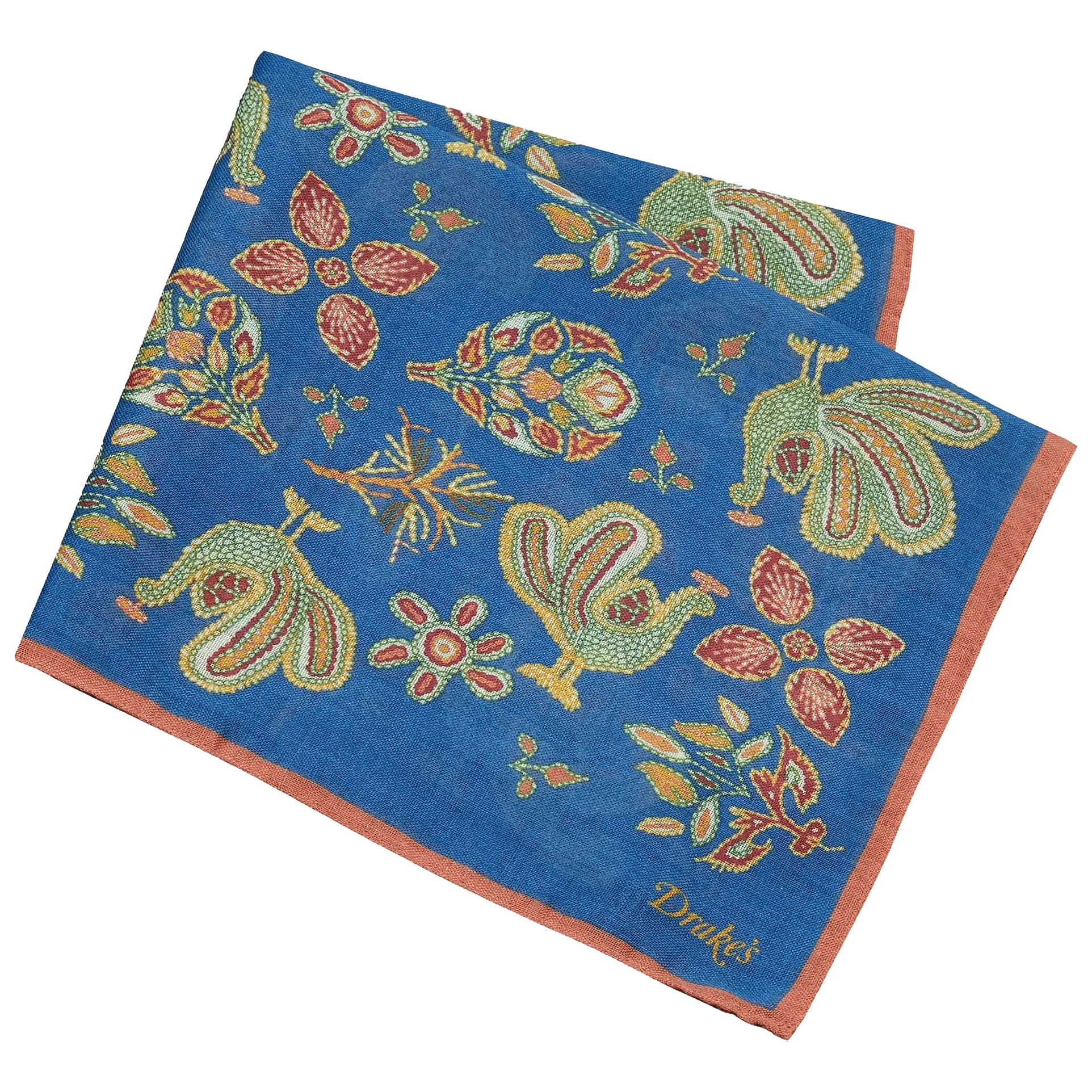 Wool / Silk Pocket Square - Chainstitch Navy Peacocks