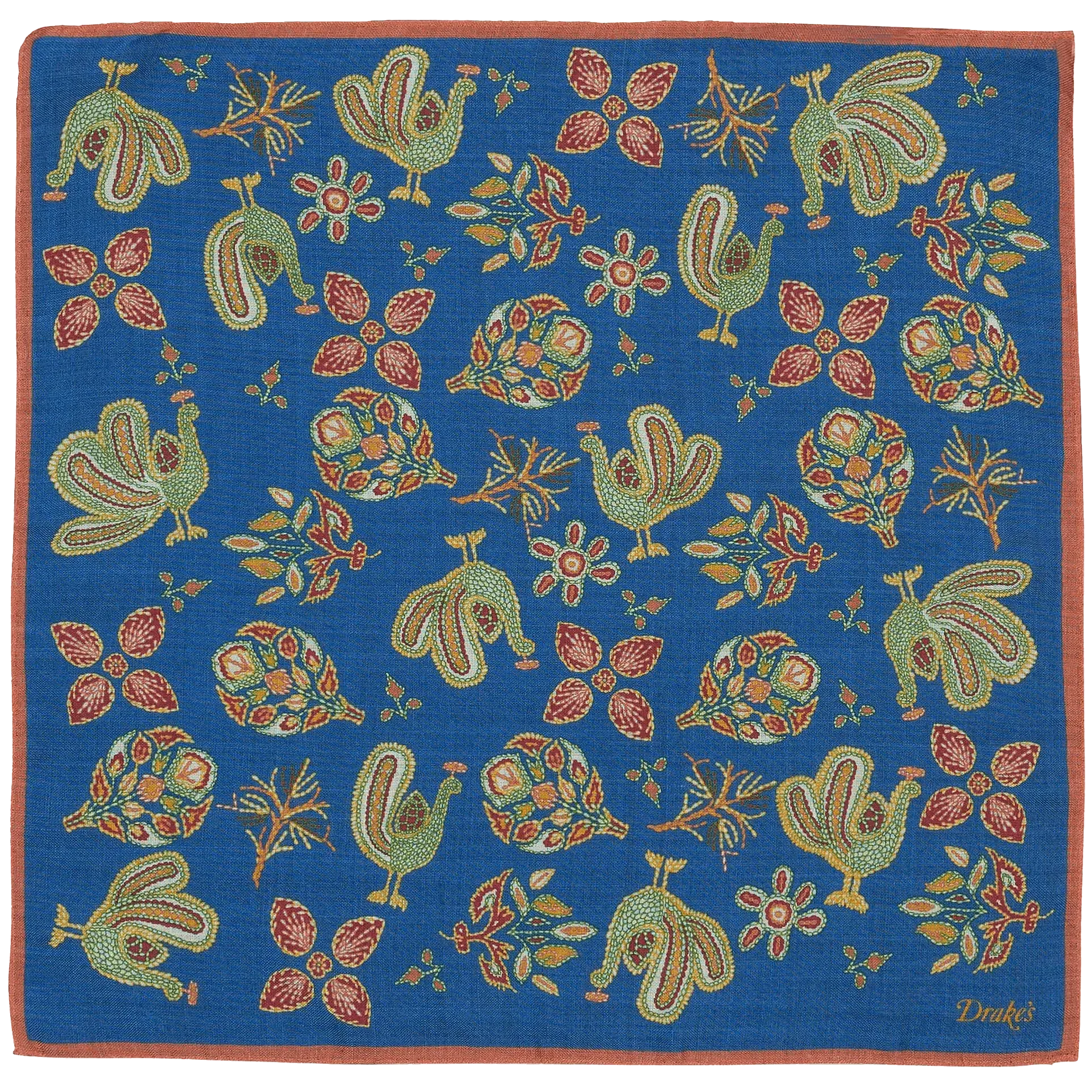 Wool / Silk Pocket Square - Chainstitch Navy Peacocks